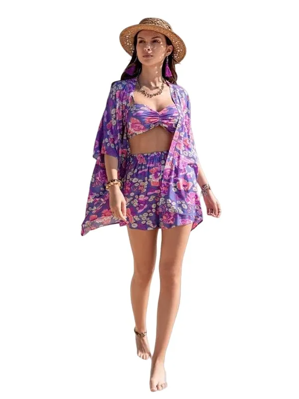 COOL AND CASUAL Beach Dresses For Women Co Ord Set Three Piece Dress Beach Wear For Women Goa Knee Length Dresses (Large, Purple)