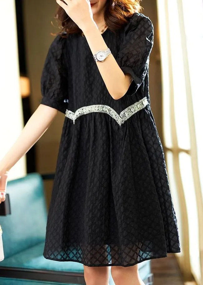 Cute Black O Neck Zircon Patchwork Cotton Dresses Summer LY3860