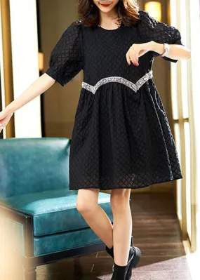 Cute Black O Neck Zircon Patchwork Cotton Dresses Summer LY3860