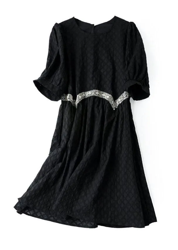 Cute Black O Neck Zircon Patchwork Cotton Dresses Summer LY3860