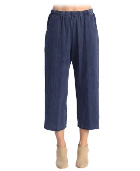 Denim Mineral Washed Cotton Gauze Crop Pant With Pockets