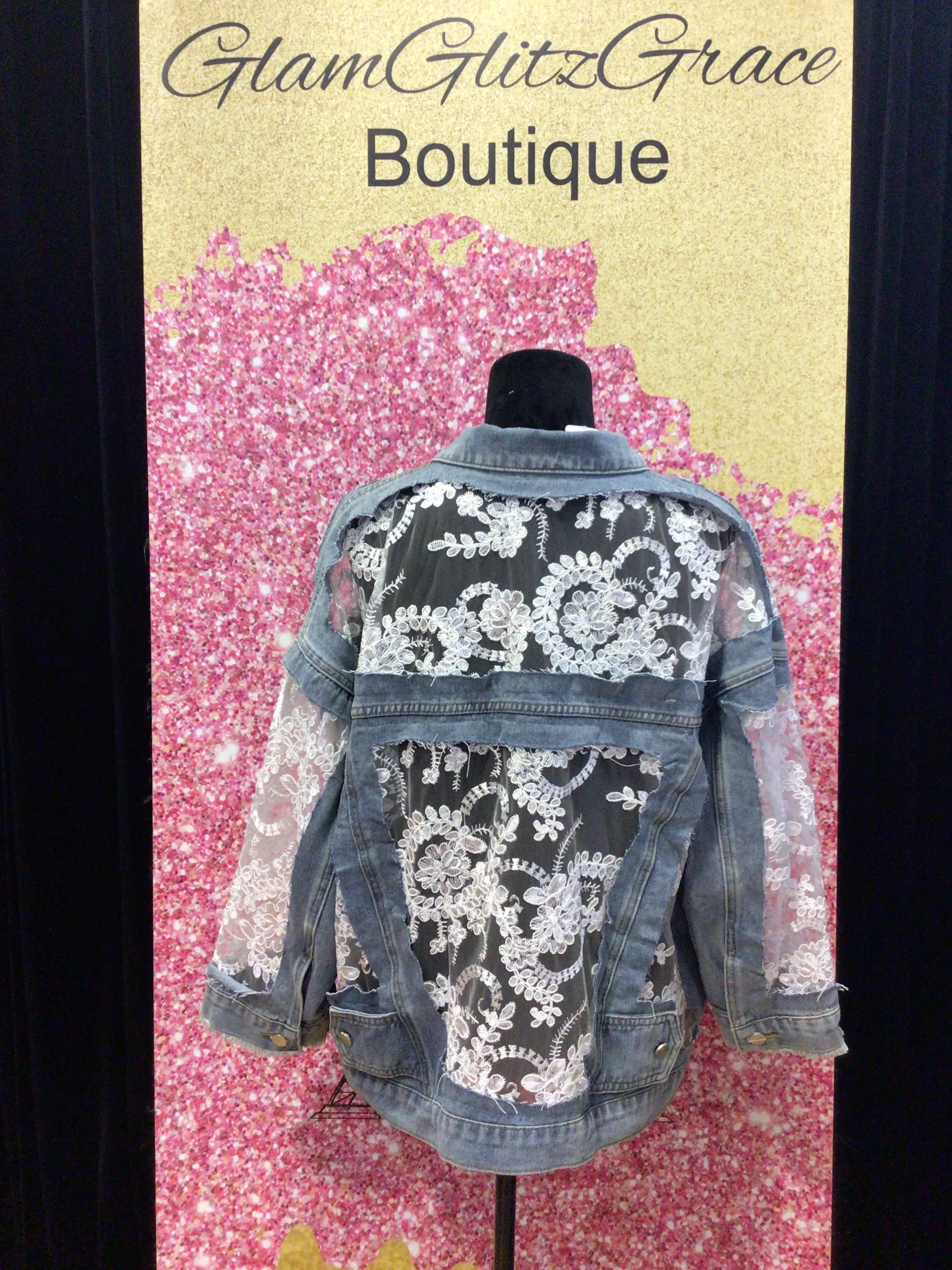 Denim Oversized Jacket With Sheer Lace Floral Design