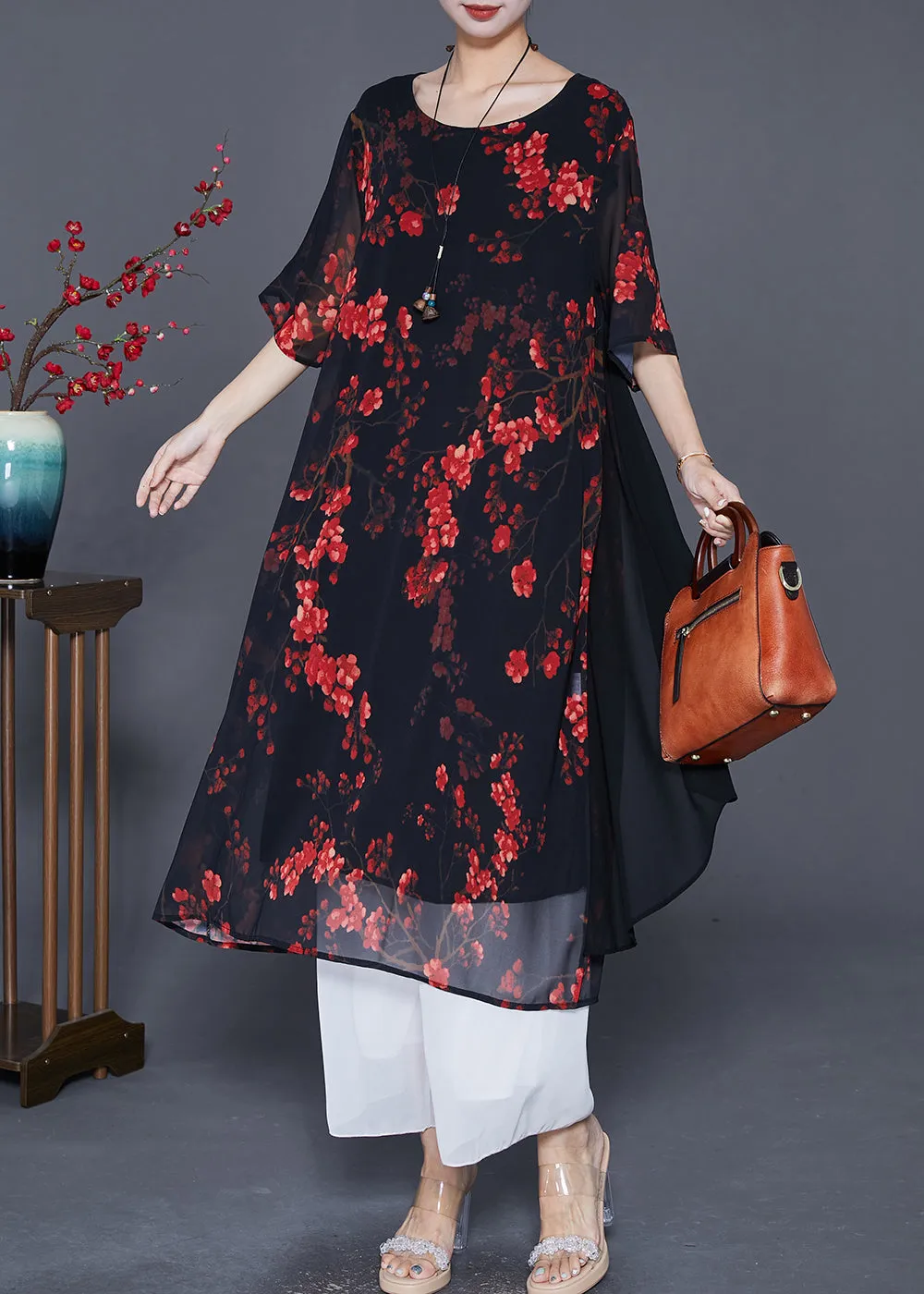 Elegant Black Print Patchwork Ruffles Chiffon Dresses Summer LY7633