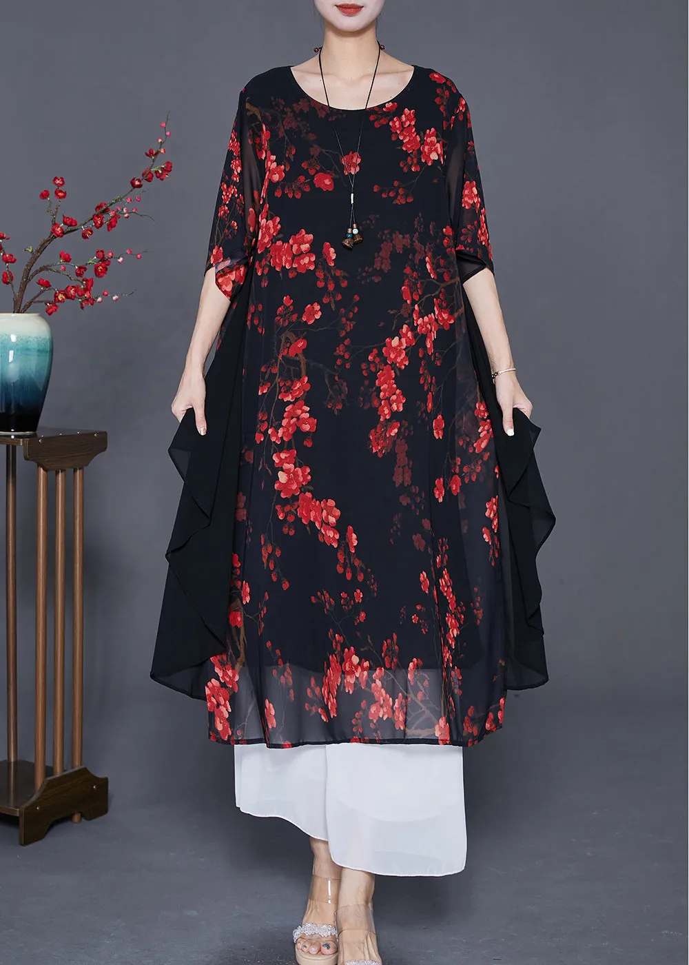 Elegant Black Print Patchwork Ruffles Chiffon Dresses Summer LY7633