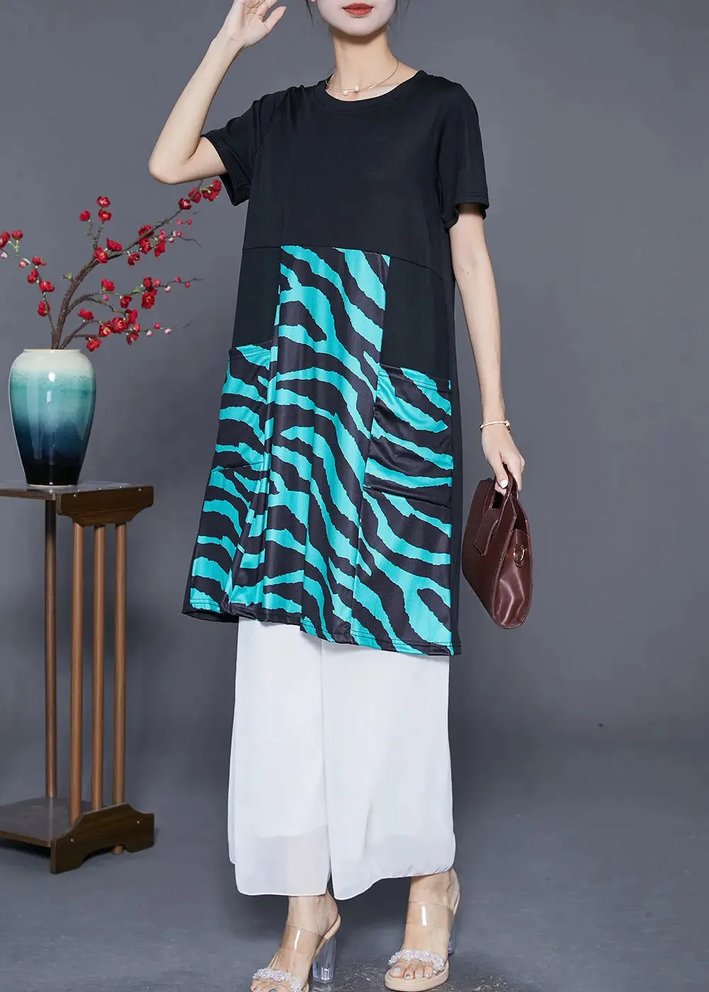 Elegant Black Striped Patchwork Pockets Cotton Maxi Dresses Summer LY8038