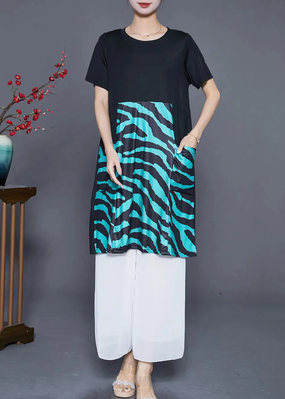 Elegant Black Striped Patchwork Pockets Cotton Maxi Dresses Summer LY8038