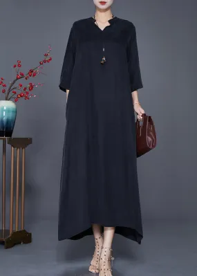 Elegant Black V Neck Side Open Silk Dresses Bracelet Sleeve LY7708