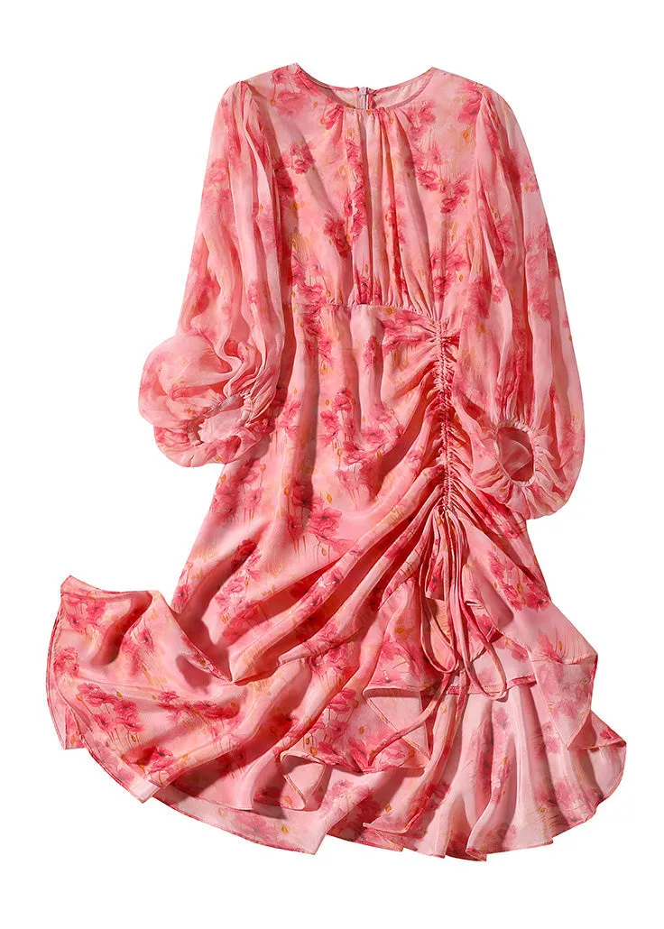 Elegant Pink O-Neck Print Tunic Slim Vacation Long Dresses Lantern Sleeve AC3037