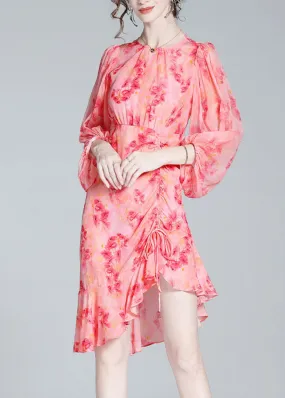 Elegant Pink O-Neck Print Tunic Slim Vacation Long Dresses Lantern Sleeve AC3037