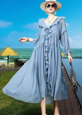 Fashion Blue Ruffled Asymmetrical Patchwork Silk Vacation Dresses Summer