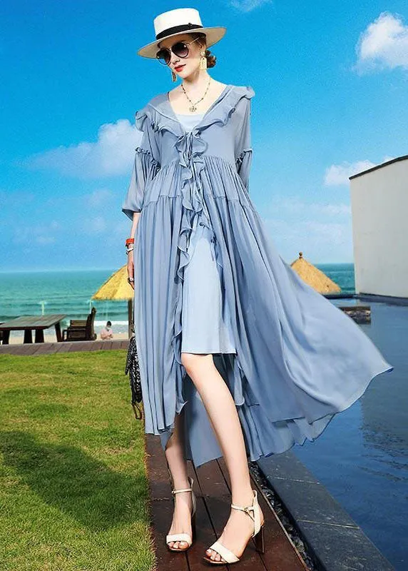 Fashion Blue Ruffled Asymmetrical Patchwork Silk Vacation Dresses Summer