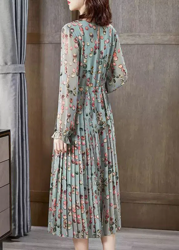 Fashion Green O-Neck tie waist wrinkled Chiffon Maxi Dresses Spring