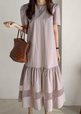 Fitted Light Purple O-Neck Patchwork Wrinkled Cotton Long Dresses Summer LY2601