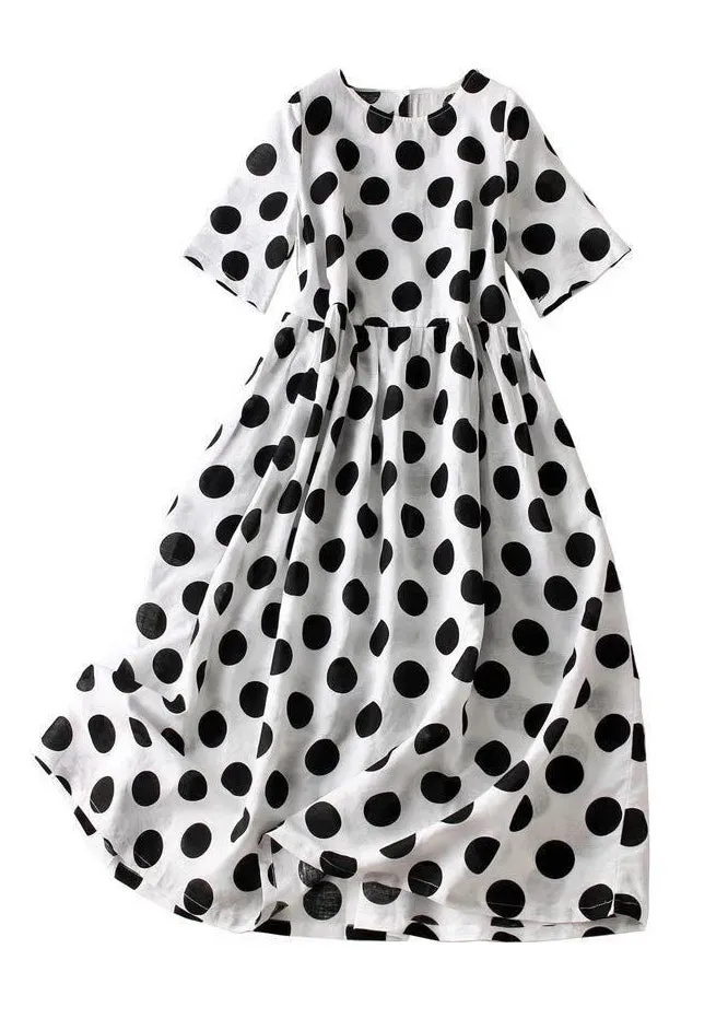 French Black Dot Button Cotton Long Dresses Summer GH1079