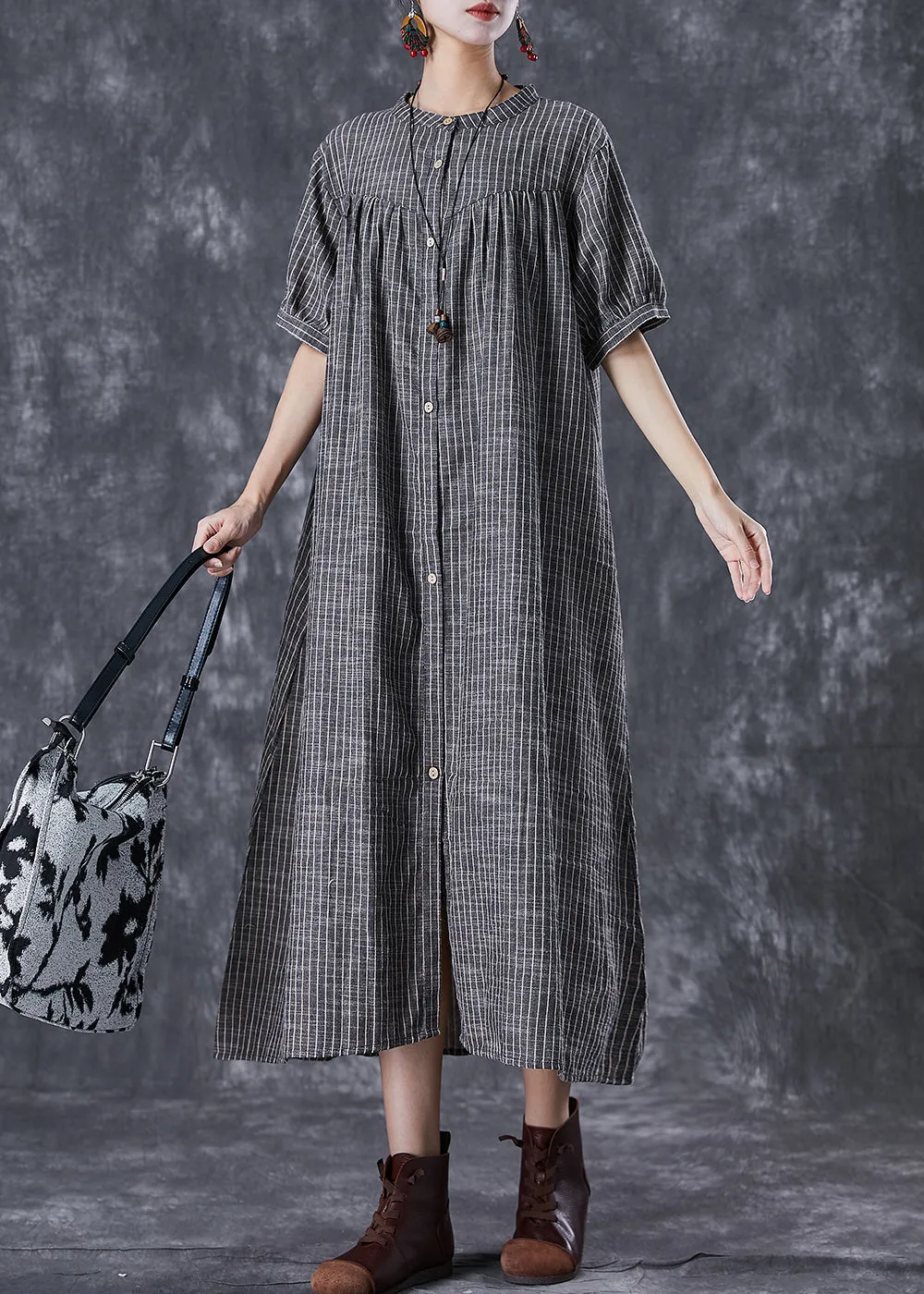 French Dark Grey Oversized Striped Linen A Line Dresses Summer TD1018