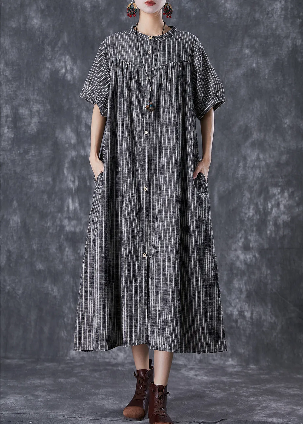 French Dark Grey Oversized Striped Linen A Line Dresses Summer TD1018