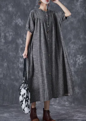 French Dark Grey Oversized Striped Linen A Line Dresses Summer TD1018