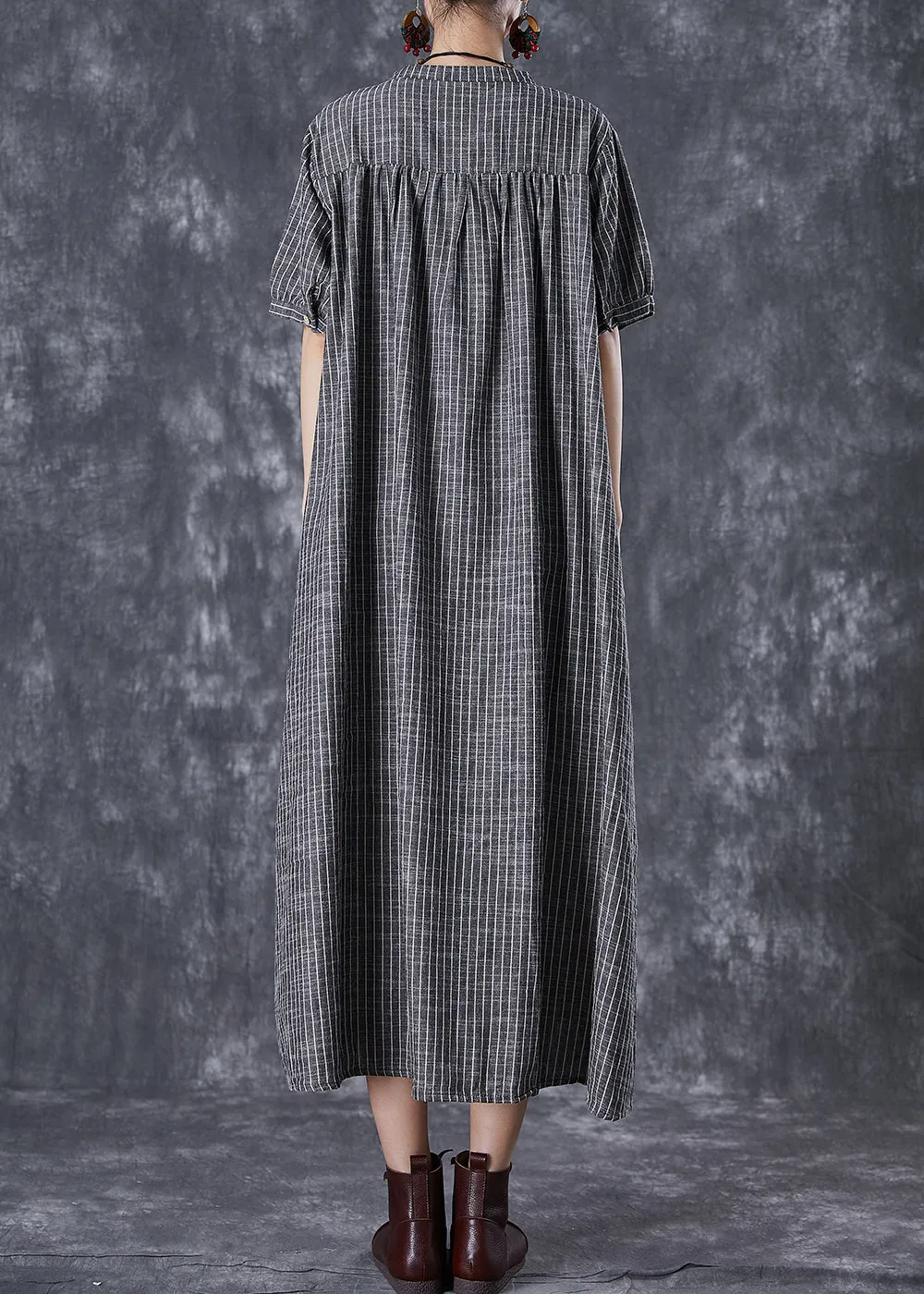 French Dark Grey Oversized Striped Linen A Line Dresses Summer TD1018