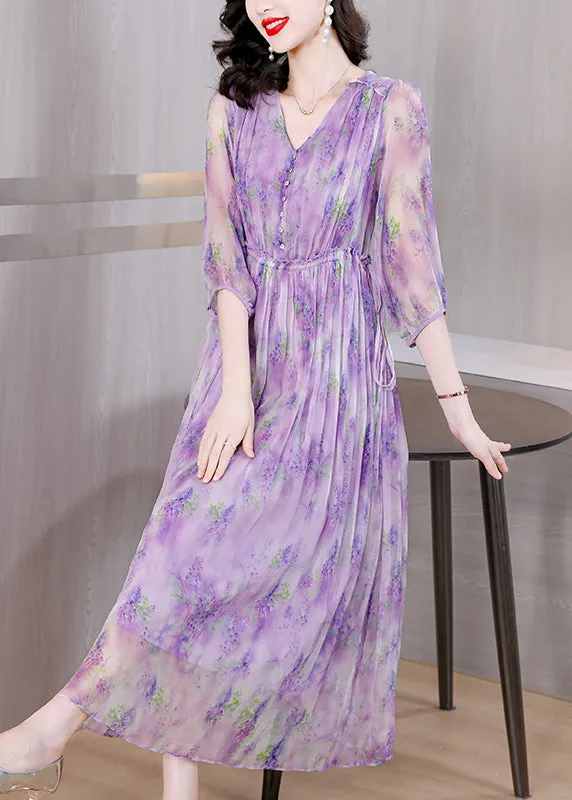 French Purple V Neck Ruffled Print Silk Dresses Summer BB020