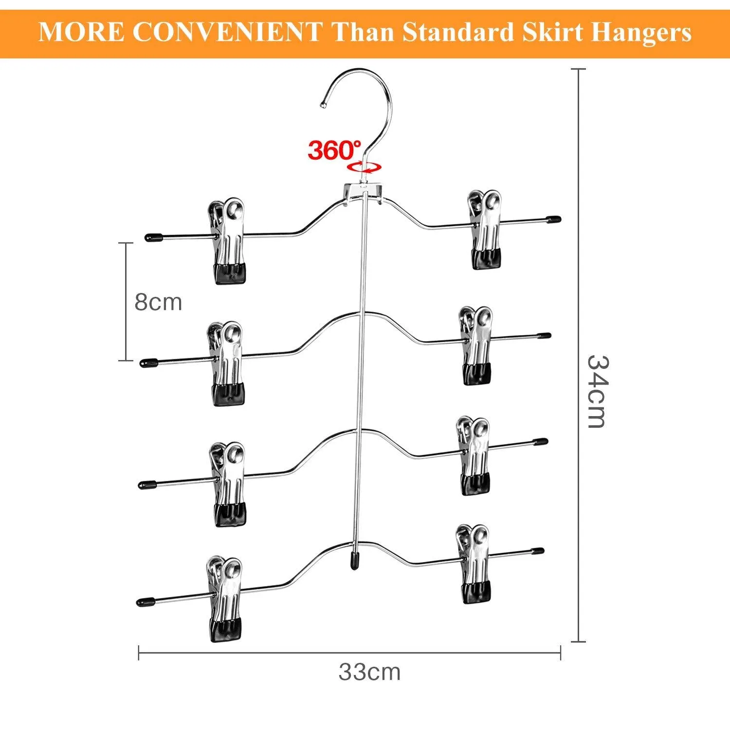 Frezon Pants Hangers, Space Saving Skirt Hangers with Clips Metal Trouser Clip Hangers Four Tier Heavy Duty Ultra Thin with 360 Degree Chrome Swivel Hook 5 Pack