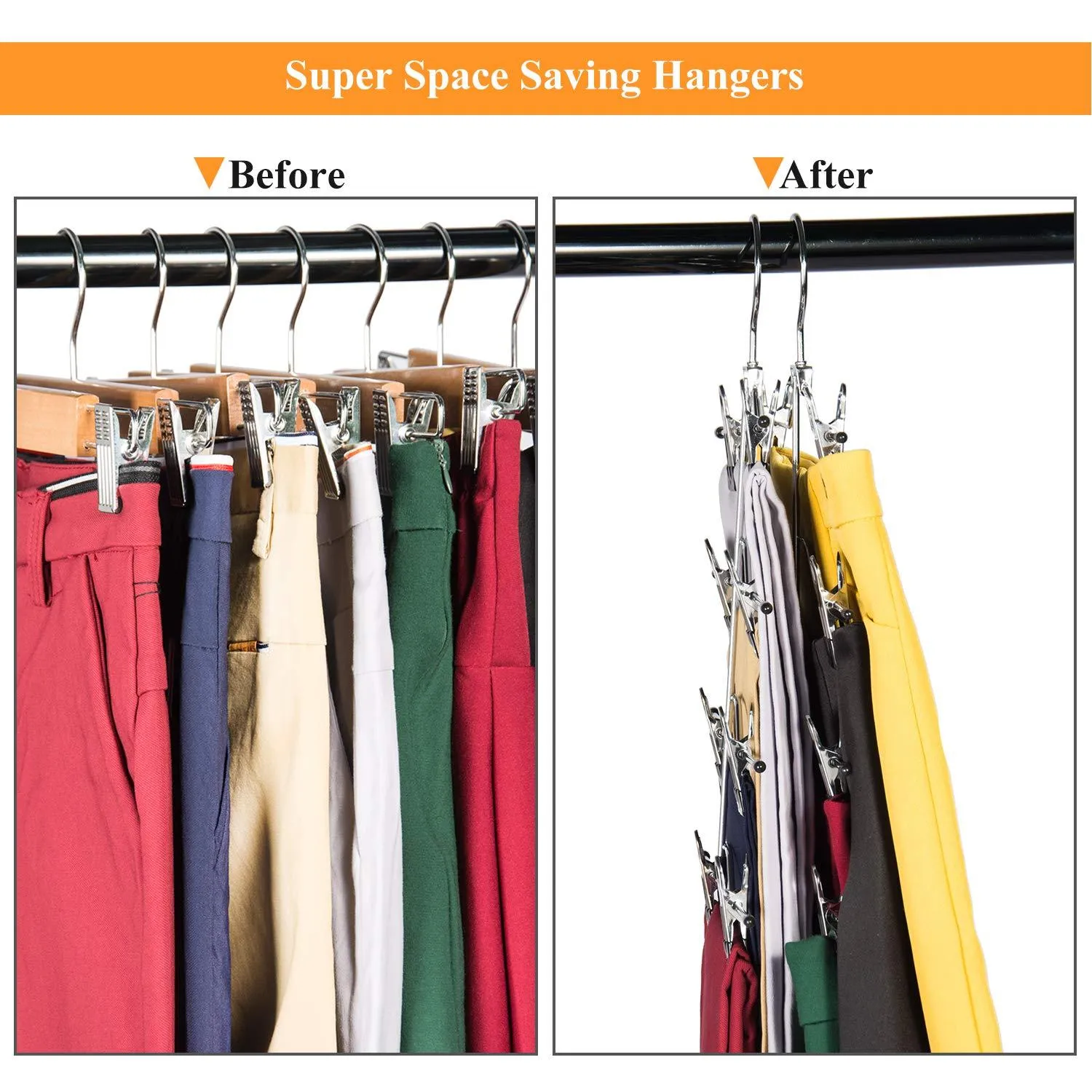 Frezon Pants Hangers, Space Saving Skirt Hangers with Clips Metal Trouser Clip Hangers Four Tier Heavy Duty Ultra Thin with 360 Degree Chrome Swivel Hook 5 Pack