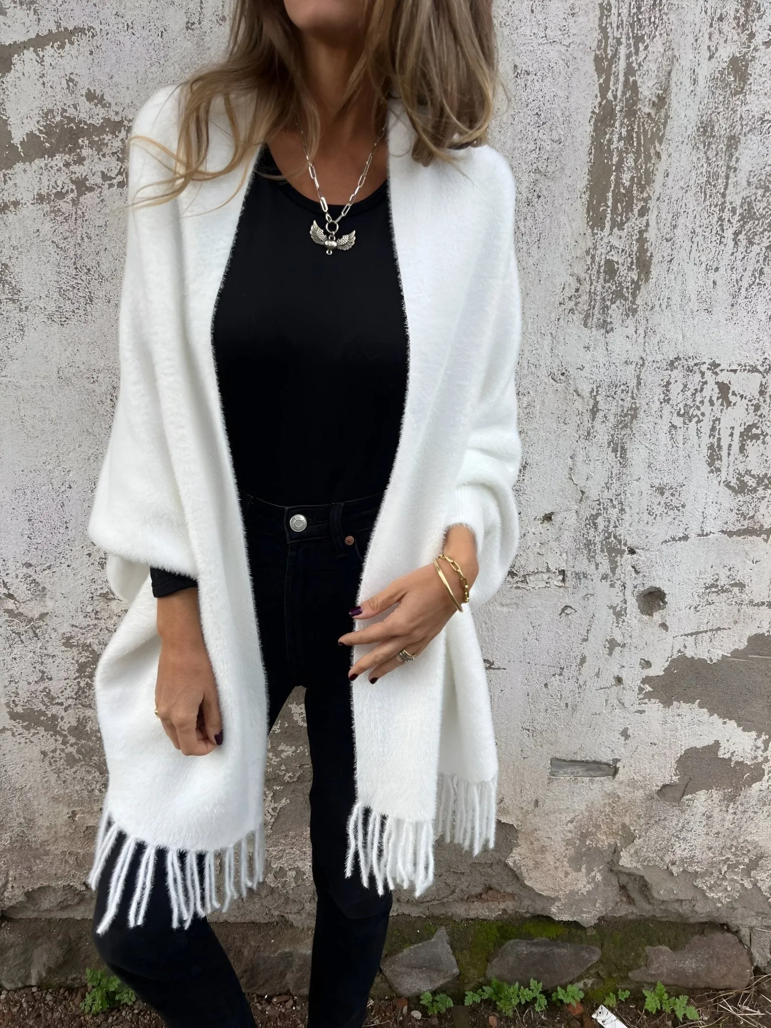 Fringed Open-Front Cardigan