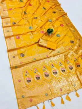 Glowing Yellow Soft Banarasi Silk Saree With Stylish Blouse Piece