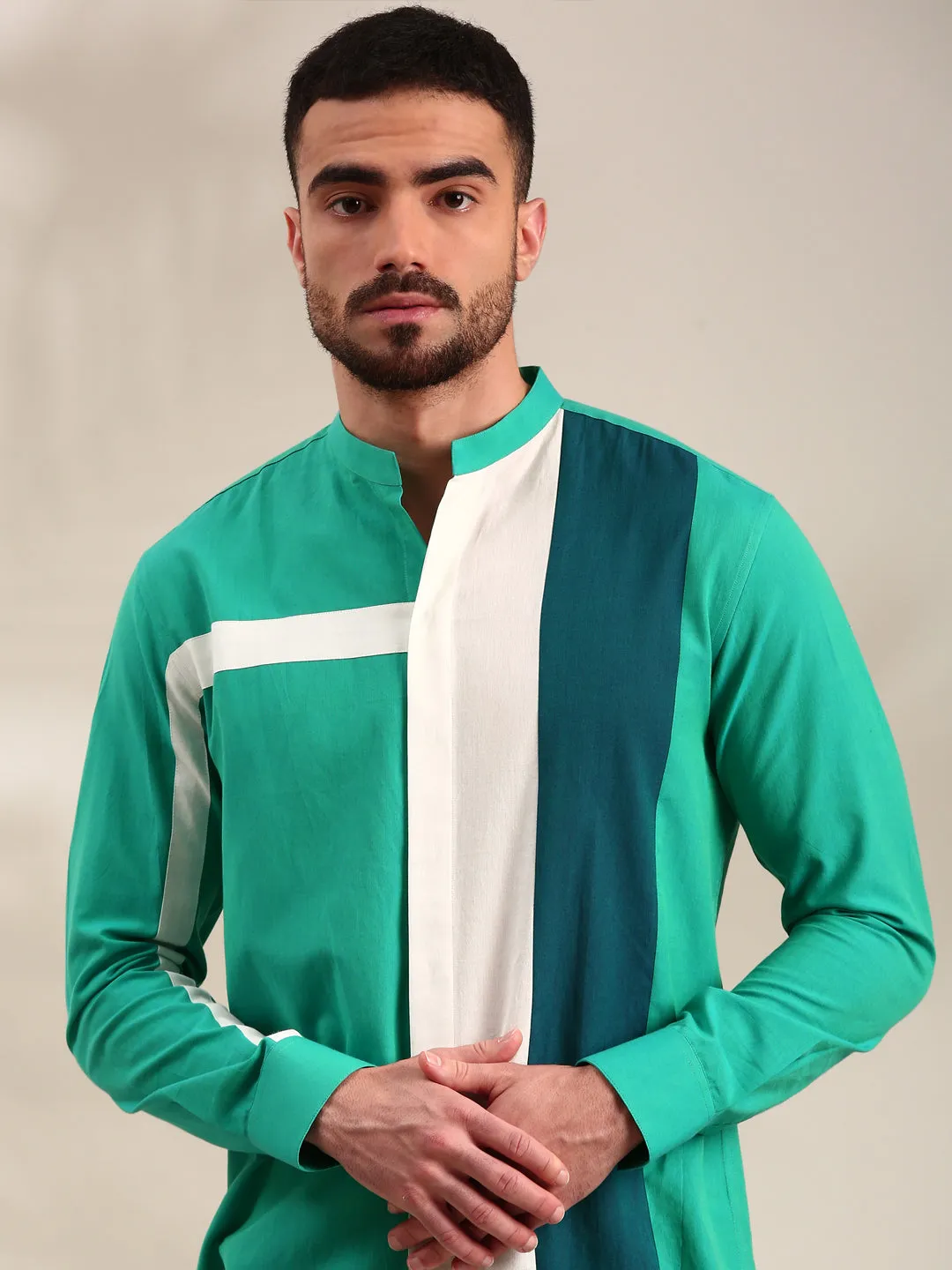 Green, Blue & White Panelled Cotton Shirt