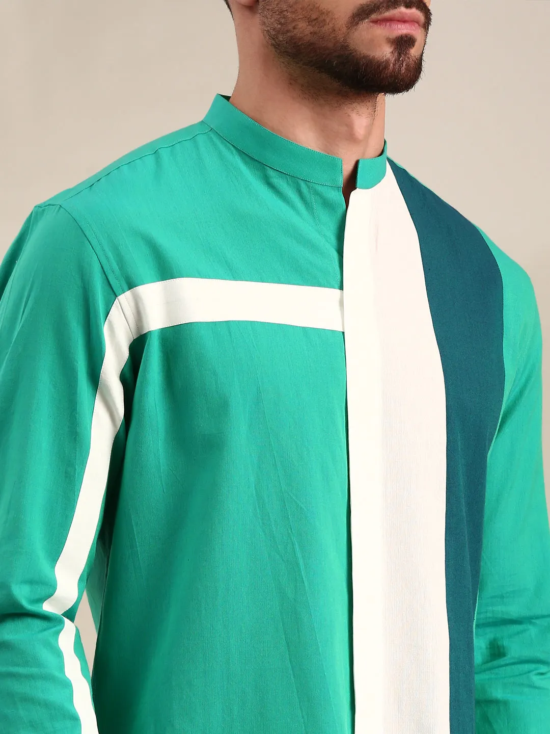 Green, Blue & White Panelled Cotton Shirt