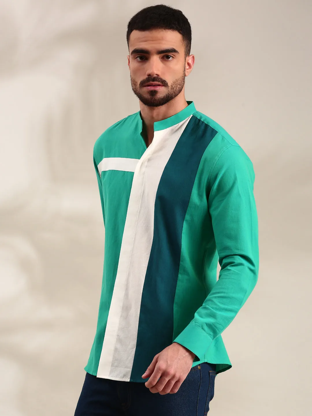 Green, Blue & White Panelled Cotton Shirt