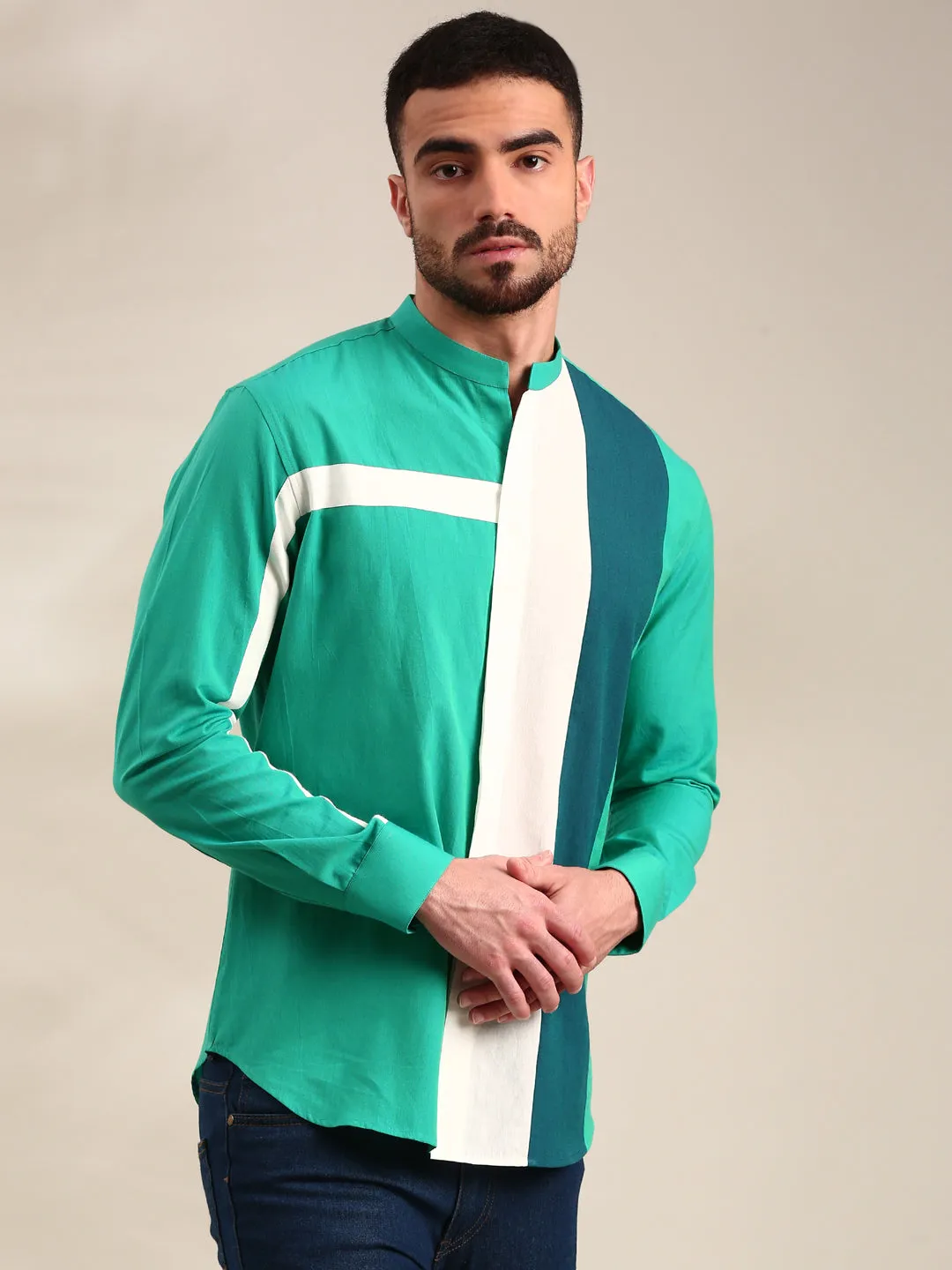 Green, Blue & White Panelled Cotton Shirt