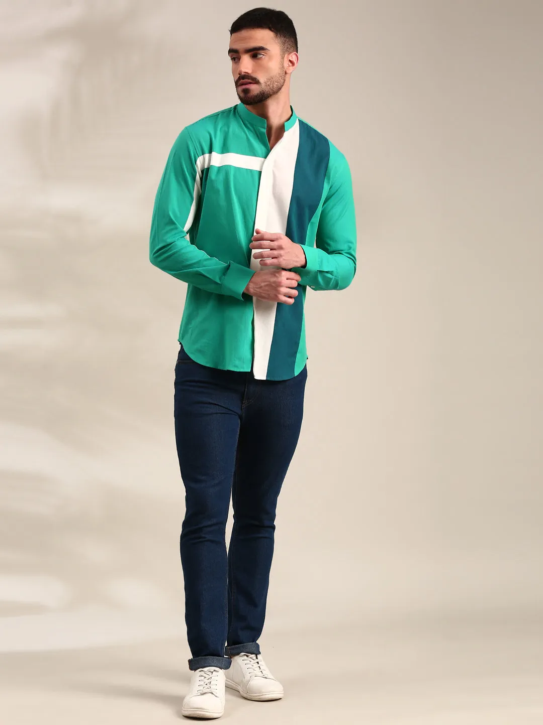 Green, Blue & White Panelled Cotton Shirt