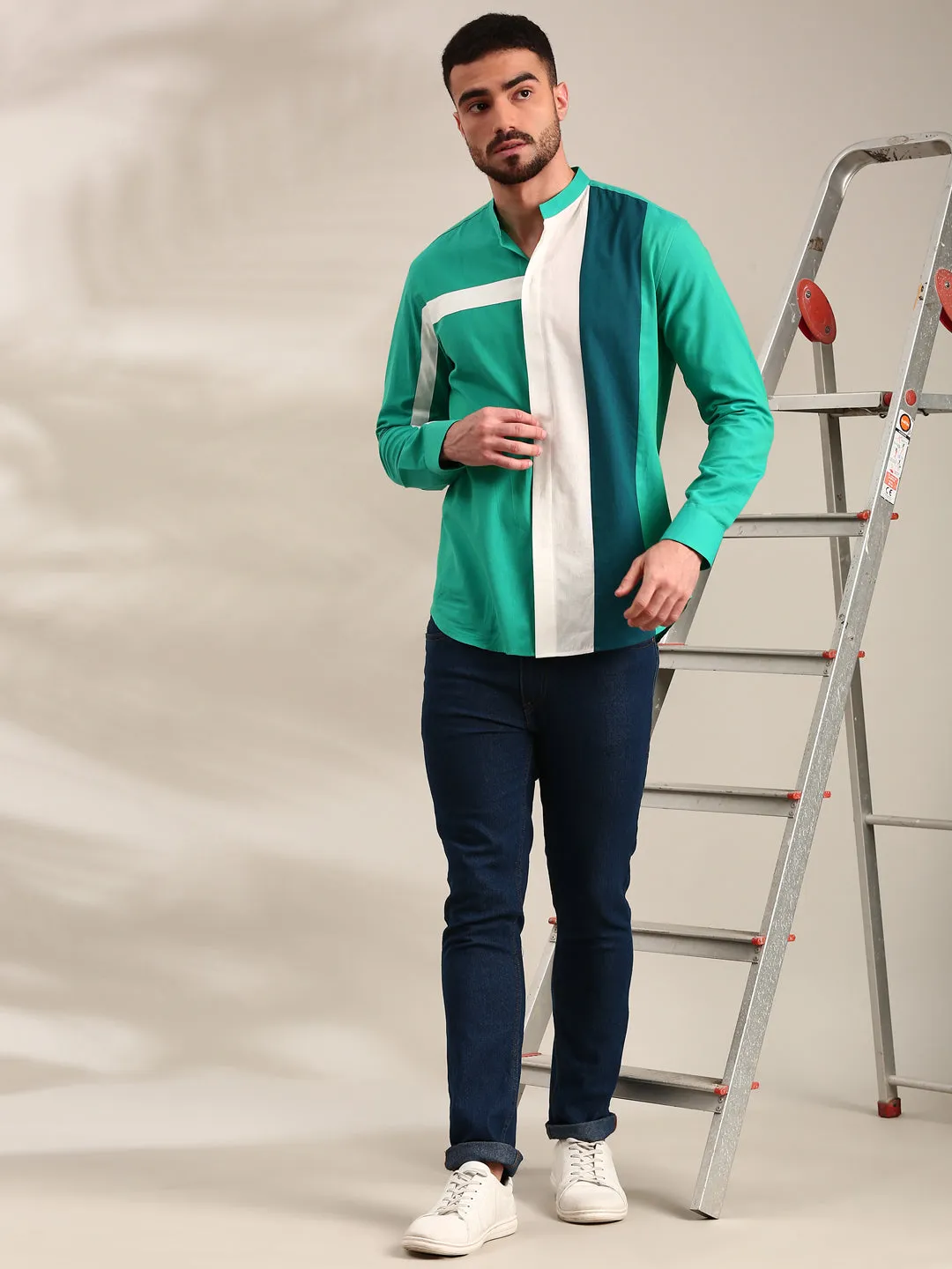 Green, Blue & White Panelled Cotton Shirt