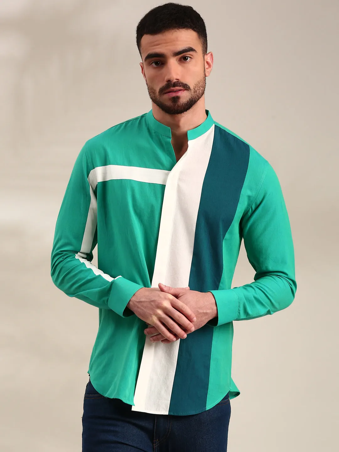 Green, Blue & White Panelled Cotton Shirt