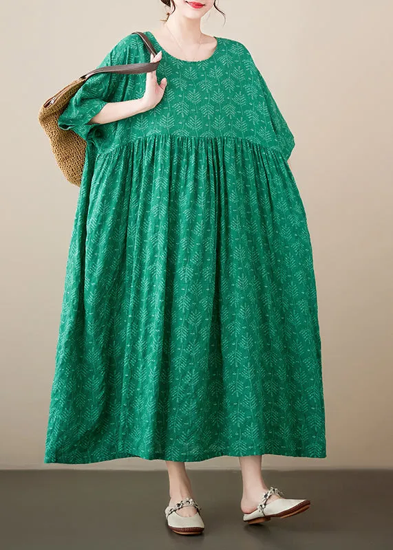 Green Patchwork Wrinkled Cozy Cotton Maxi Dresses Summer LY6097