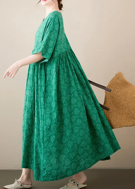 Green Patchwork Wrinkled Cozy Cotton Maxi Dresses Summer LY6097