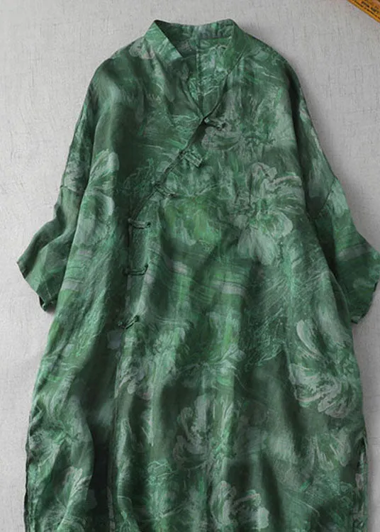 Green Print Patchwork Loose Linen Dresses V Neck Side Open Summer LY7197