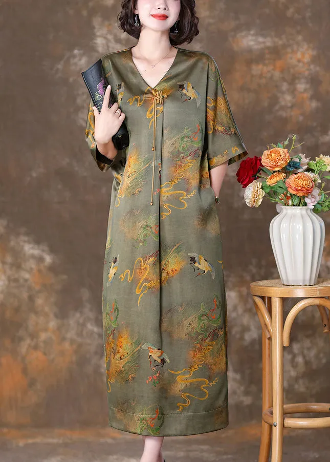 Green Print Pockets Silk Dresses V Neck Half Sleeve OP1071