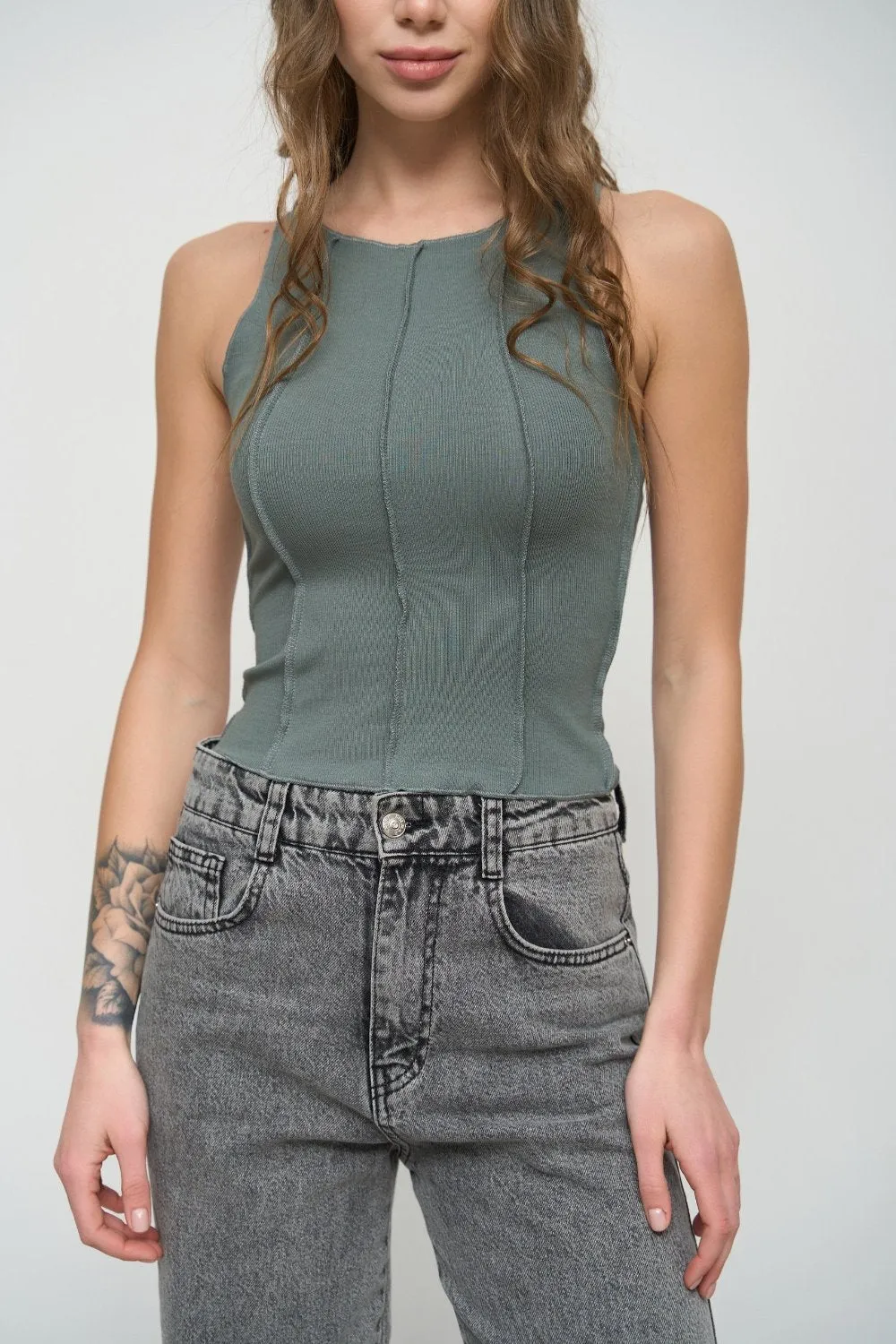 Grey Ribbed Seam Detail Top