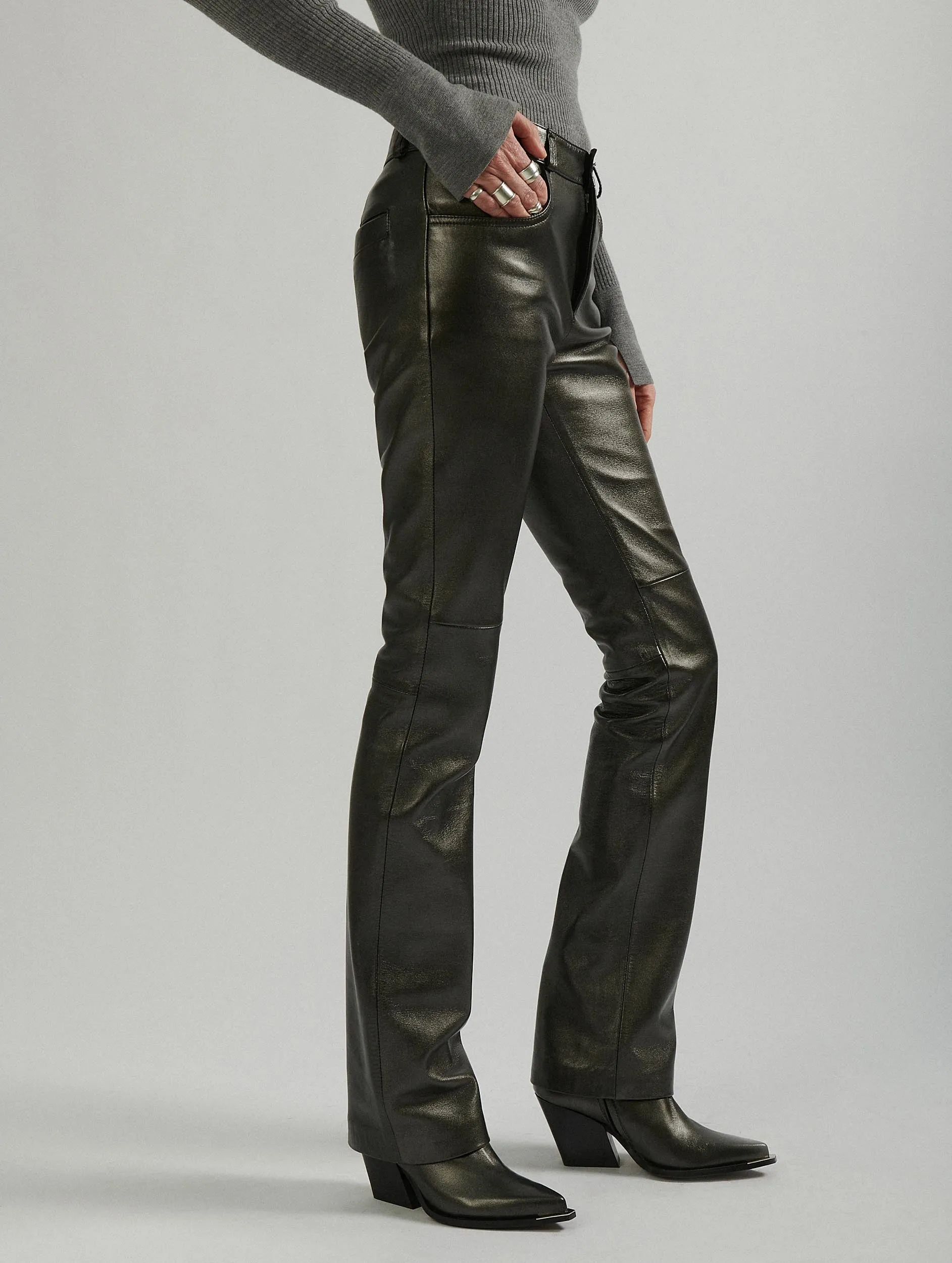 Gunmetal leather straight-leg trousers