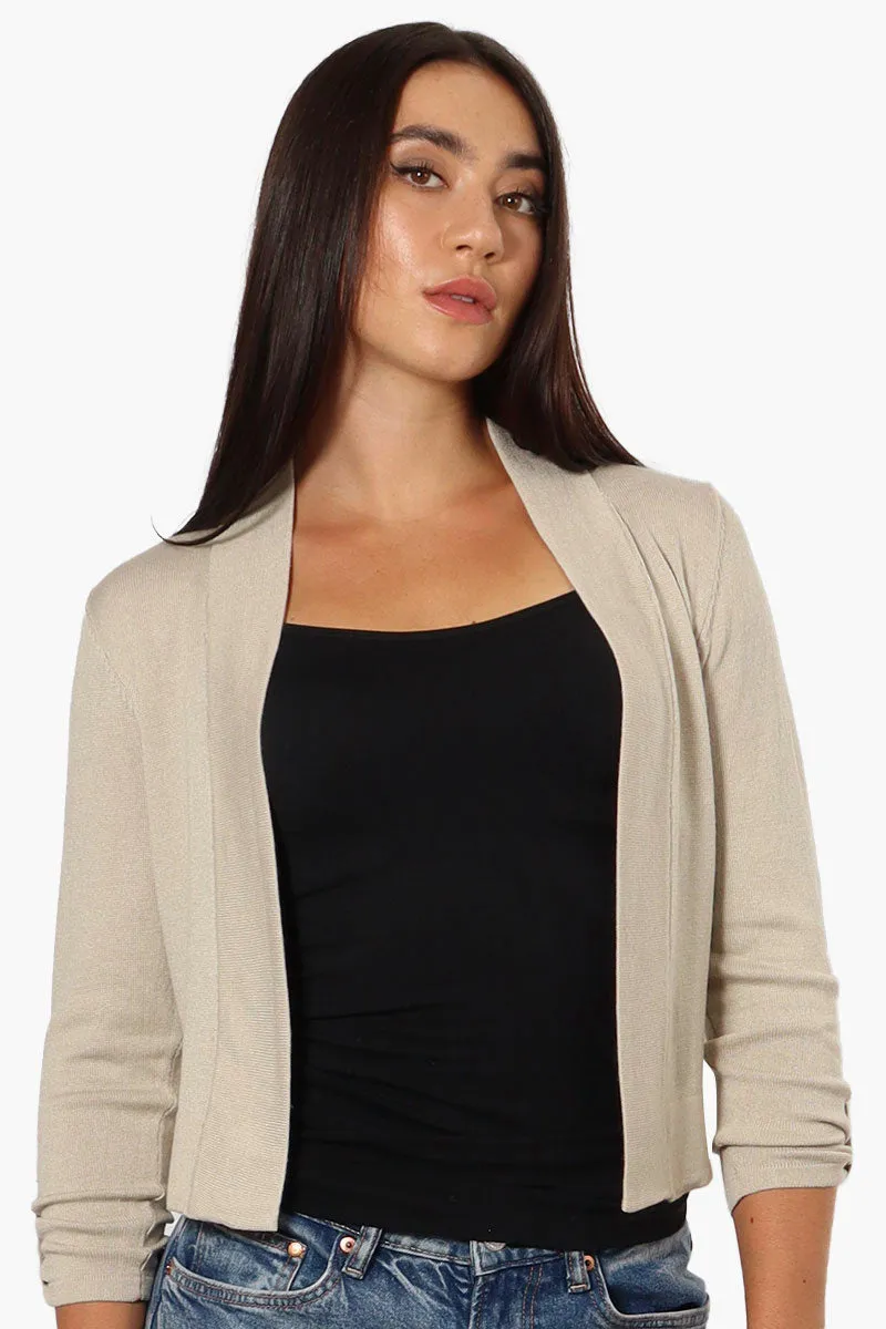 Impress Roll Up Sleeve Open Shrug Cardigan - Beige