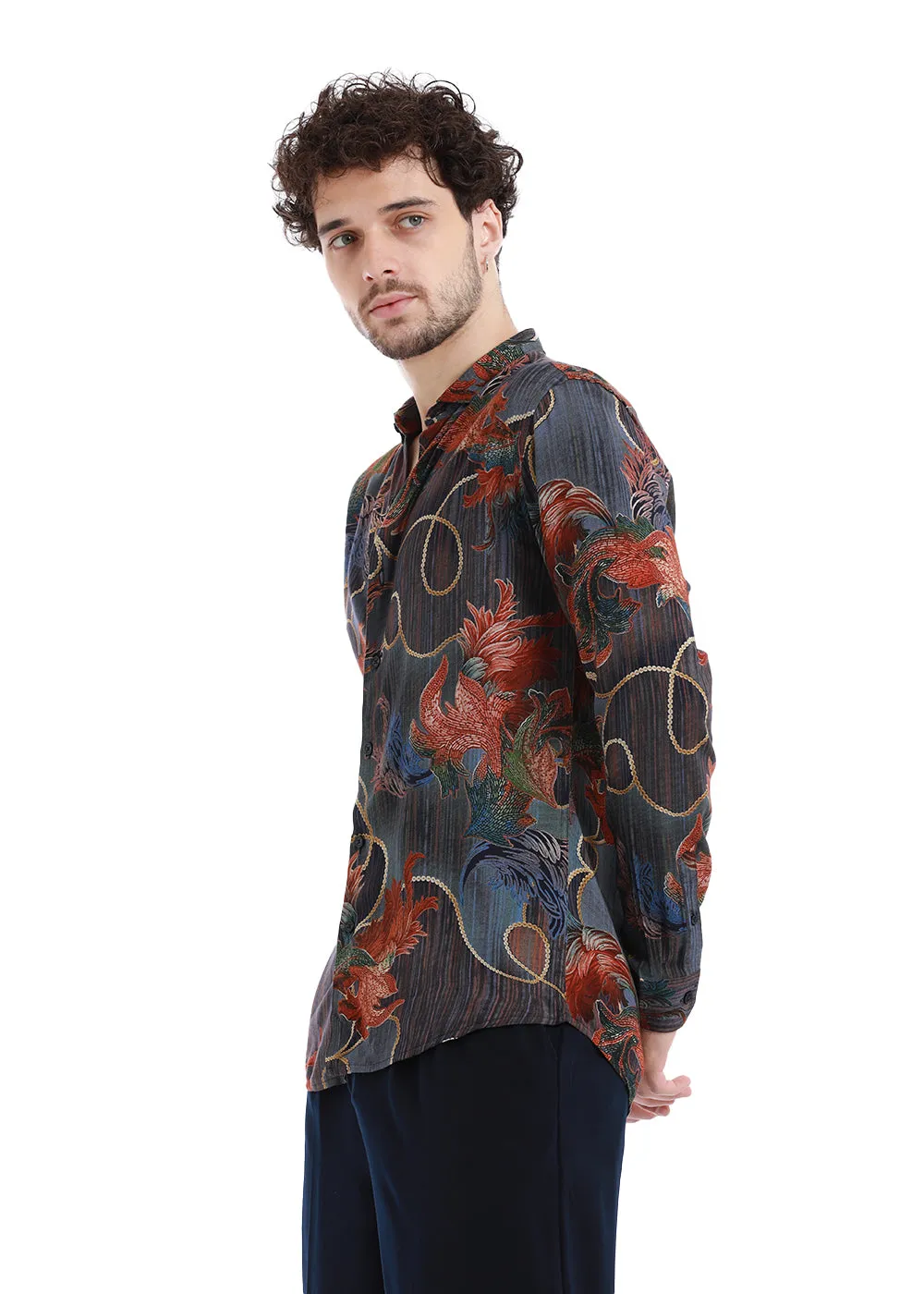 Indigenous Orange Print Feather Shirt