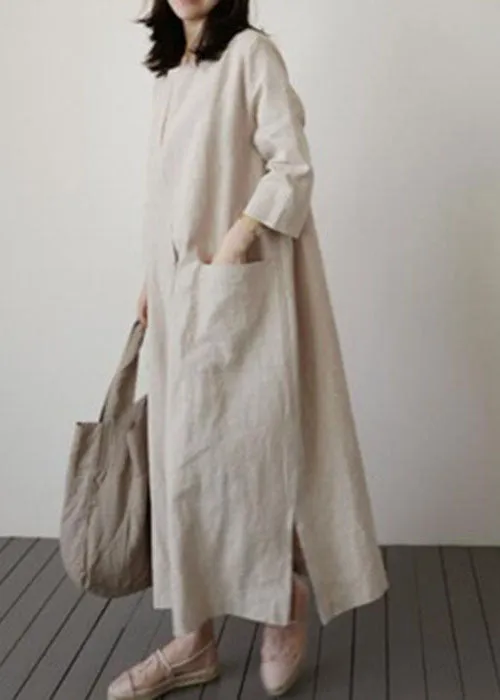 Italian Beige Cinched side open Linen Robe Dresses Spring