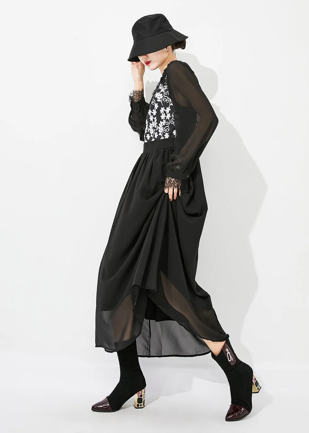 Italian Black Stand Collar Patchwork Exra Large Hem Chiffon Vacation Dresses Spring LY0885