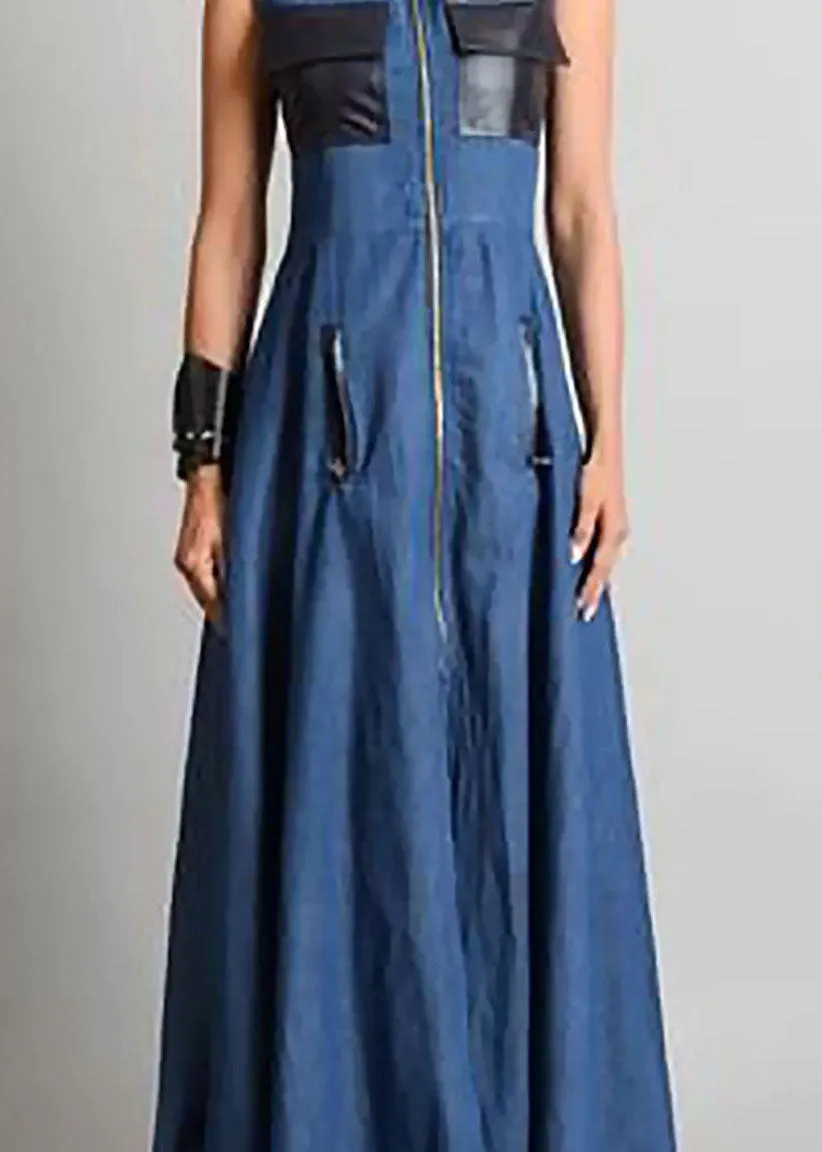 Italian Blue O Neck Zippered Patchwork Denim Maxi Dresses Sleeveless LY4001