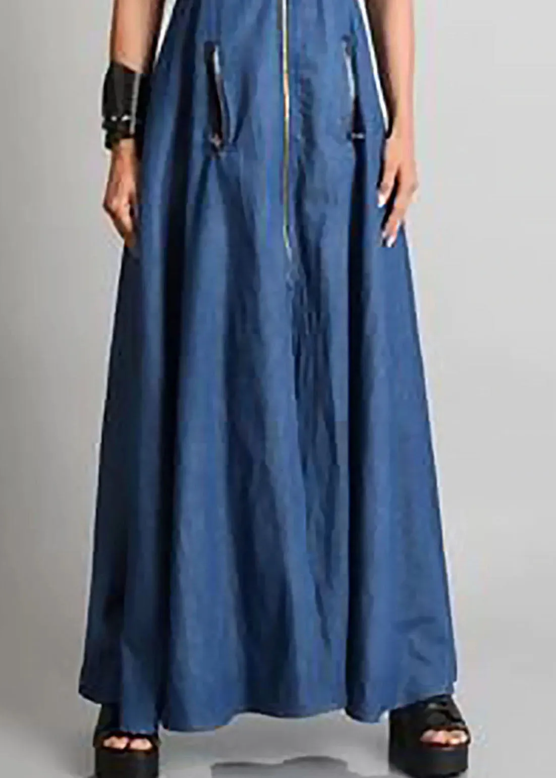 Italian Blue O Neck Zippered Patchwork Denim Maxi Dresses Sleeveless LY4001