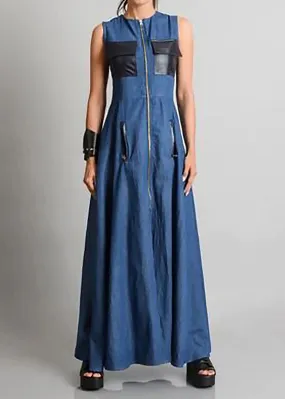 Italian Blue O Neck Zippered Patchwork Denim Maxi Dresses Sleeveless LY4001