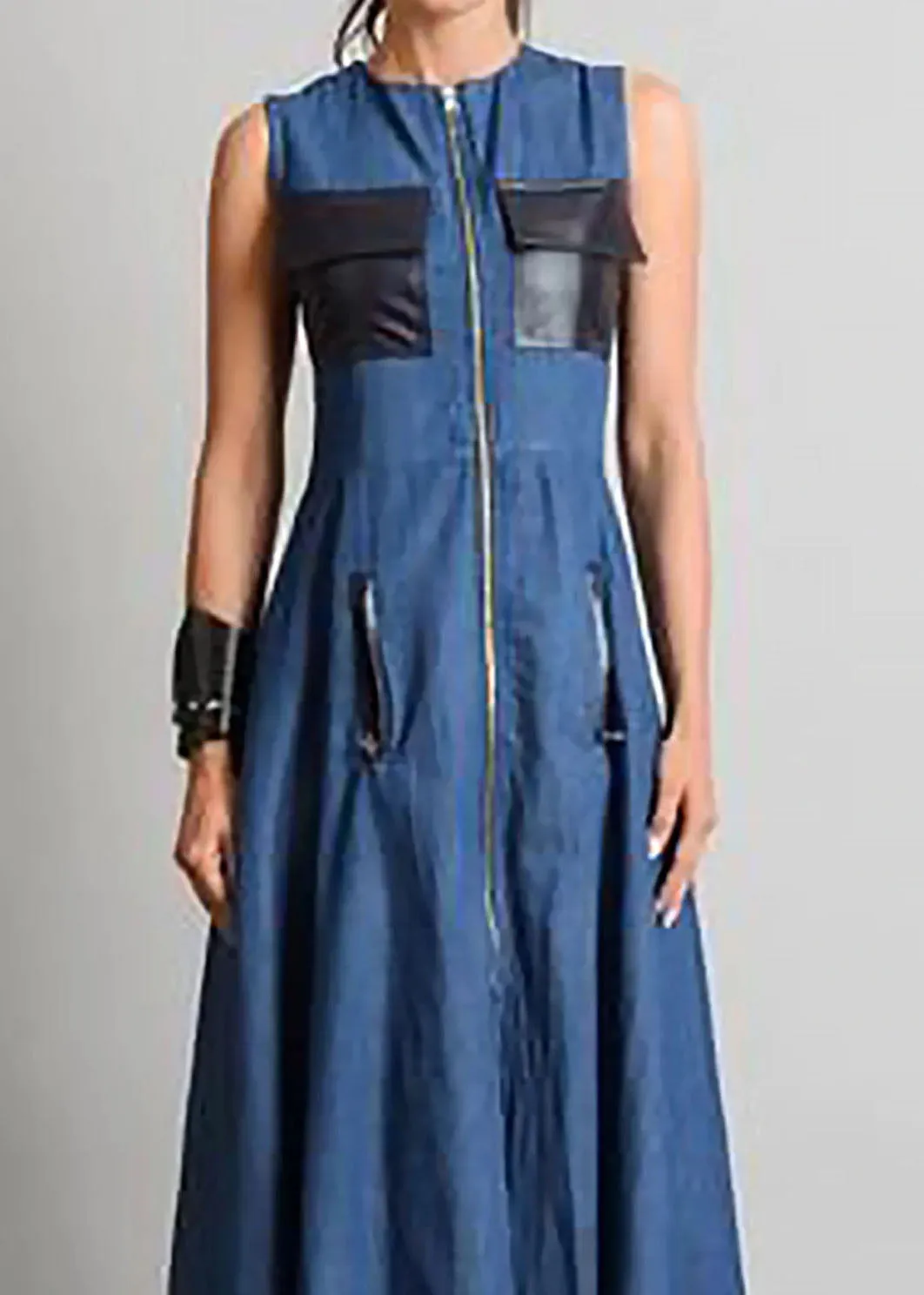 Italian Blue O Neck Zippered Patchwork Denim Maxi Dresses Sleeveless LY4001