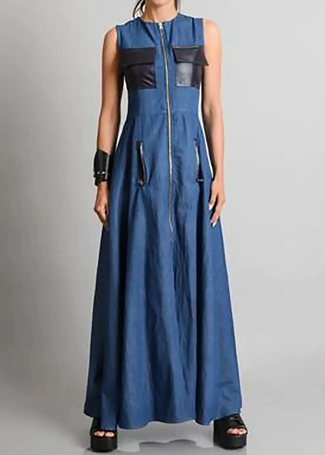 Italian Blue O Neck Zippered Patchwork Denim Maxi Dresses Sleeveless LY4001