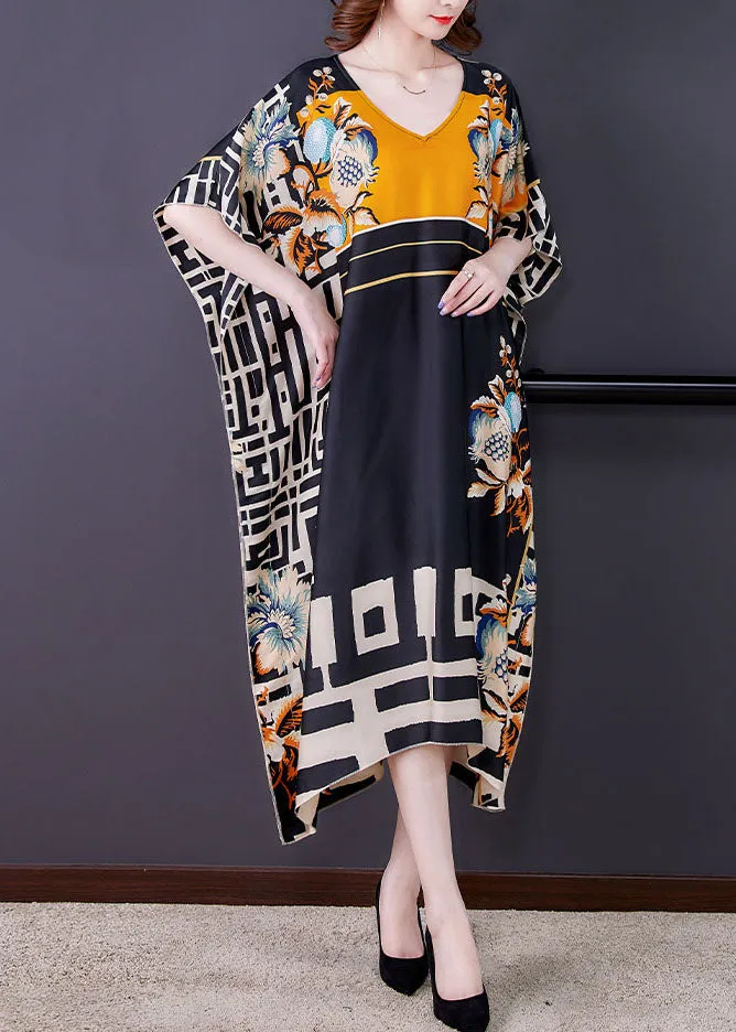 Italian Colorblock V Neck Print Patchwork Loose Silk Dresses Summer LY5934